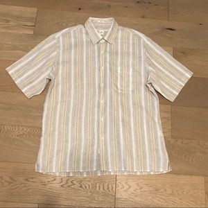 Peter Millar 100% Linen Short Sleeve Button Down L Stripes Blue Green Stonewash